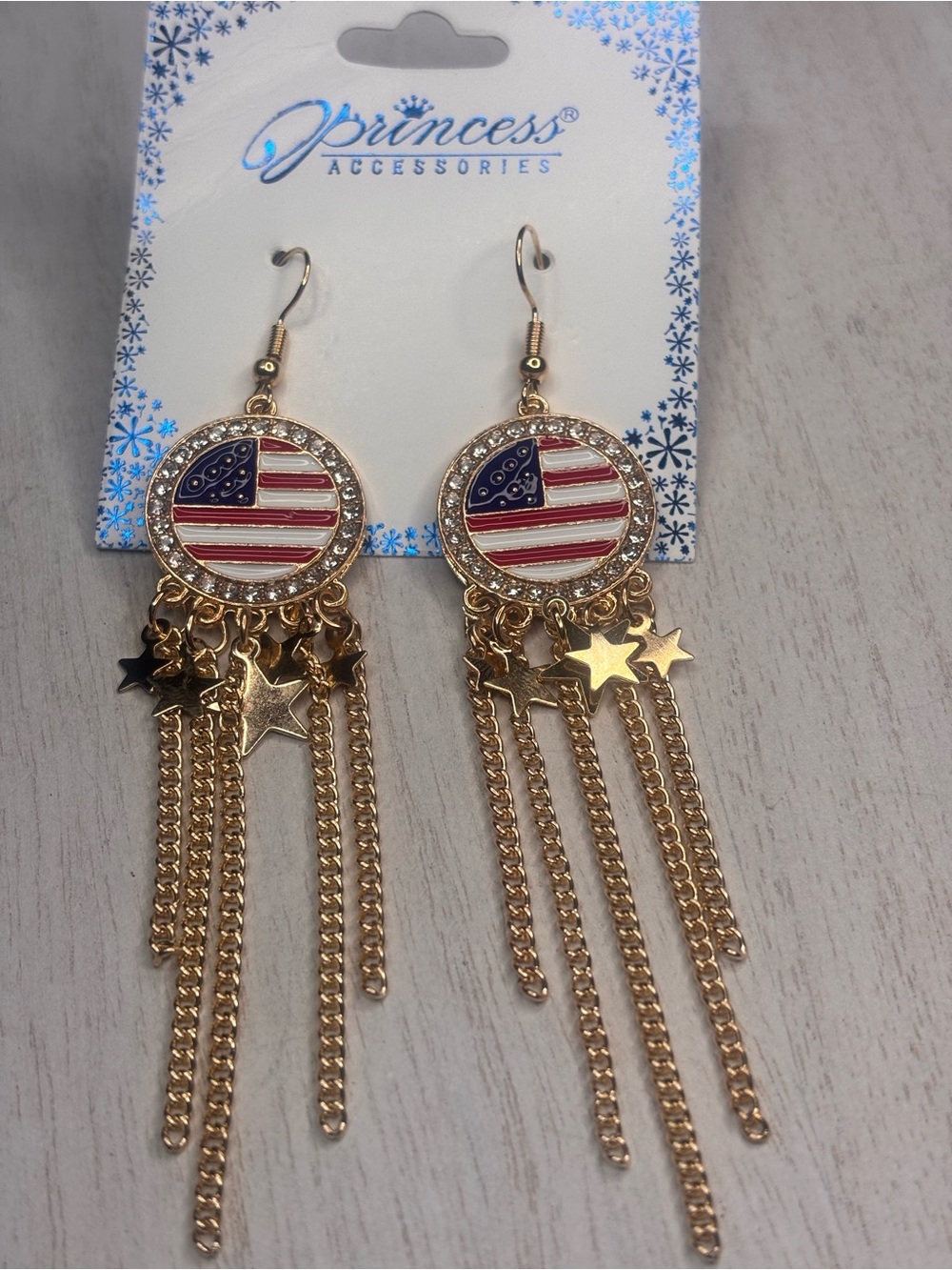 Patriotic American Flag Rhinestone Fringe Dangle Earrings - Picture 2 of 5